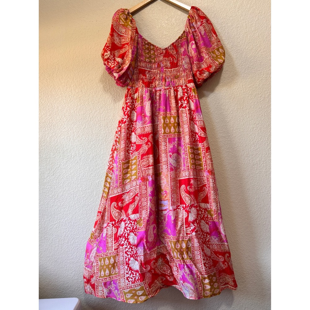 Meet Me In Santorini M Sunset Serenade Maxi Dress Red Paisley Boho Puff Sleeve